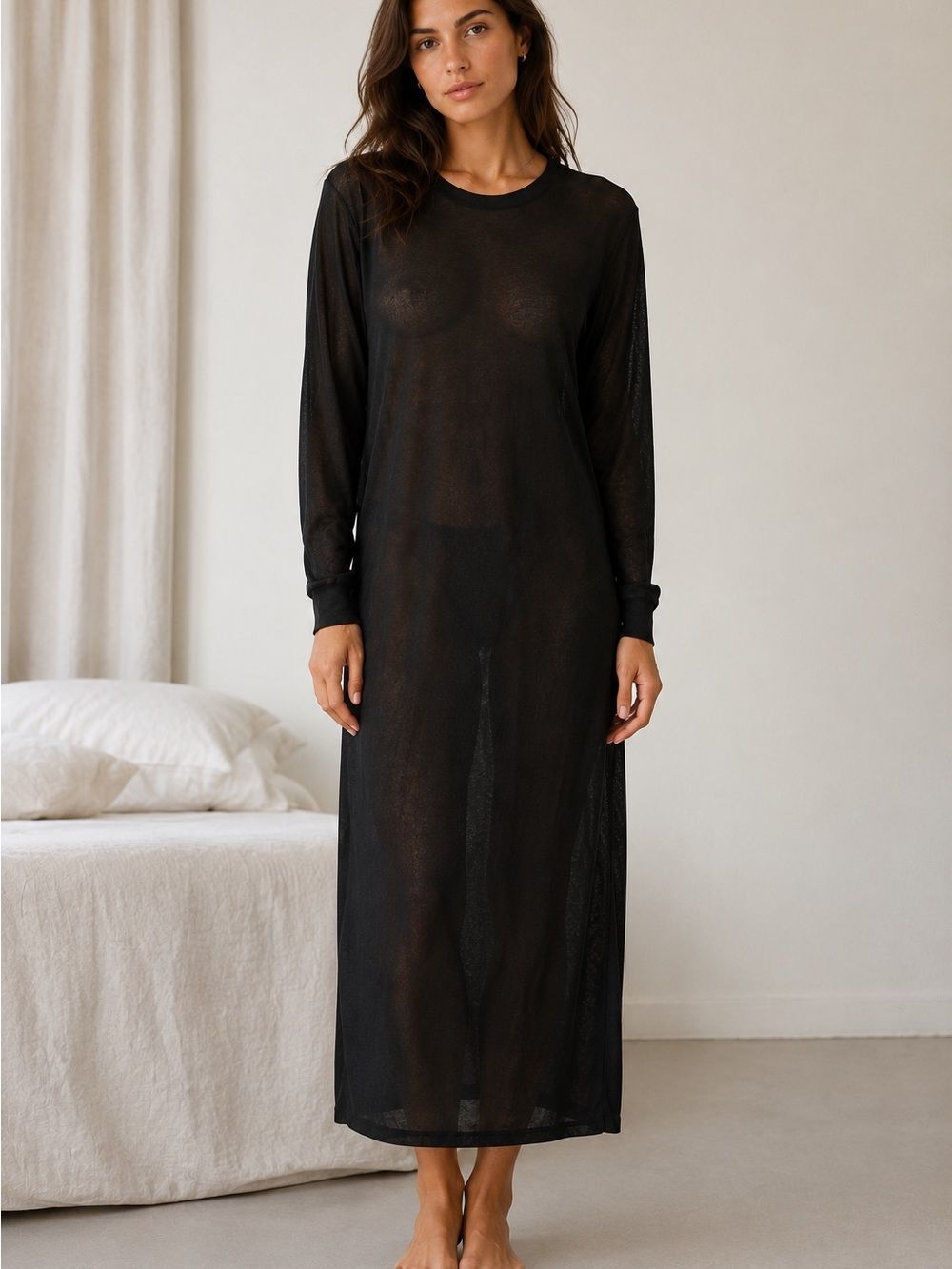 WinterSilks 100% Pure Silk Black Semi Sheer Maxi Lounge Dress Size M Vintage